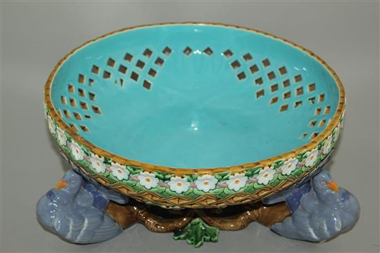 A Minton majolica pierced dove bowl, date code for 1870, 32cm diam, restorations